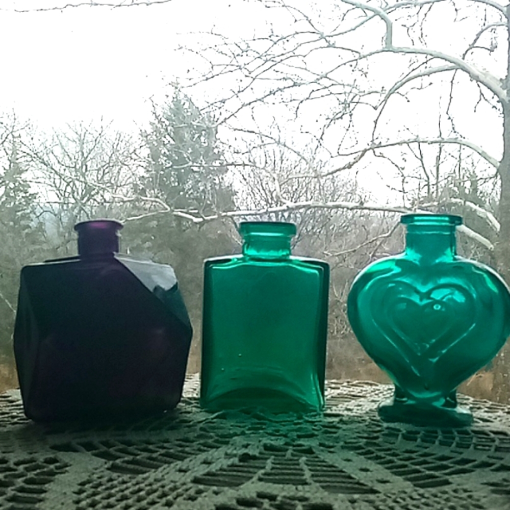3 boho retro gypsy recycled glass bottles.